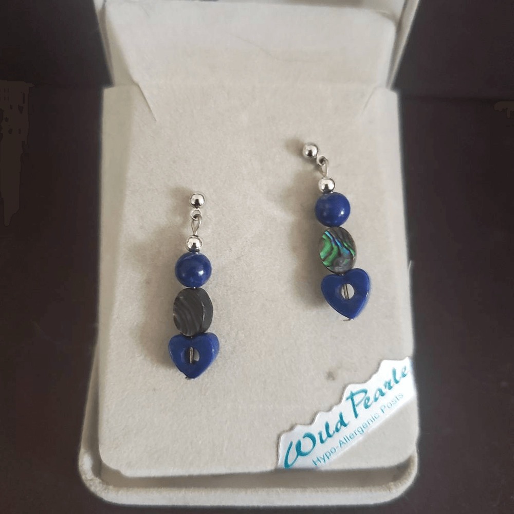 New Zealand Storrs Wild Pearle Abalone Shell Earrings Dangle Blue In Gift Box
